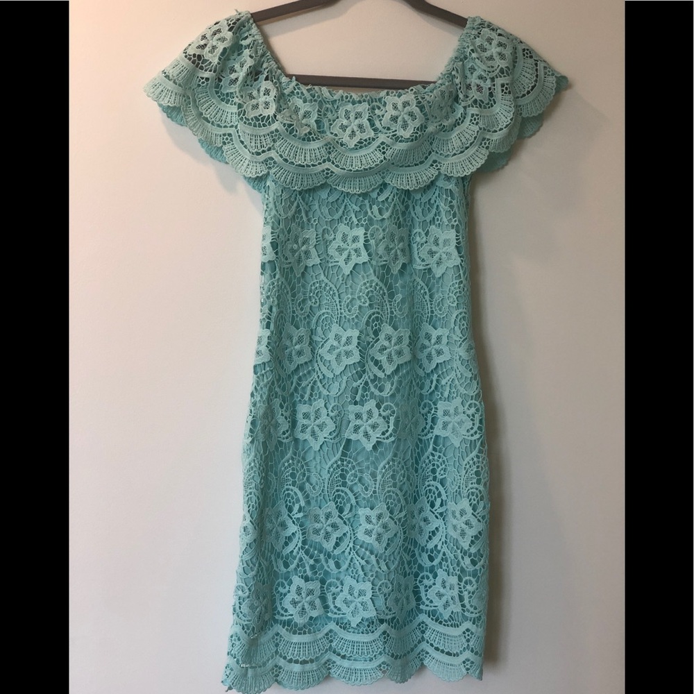 AQUA LACE OFF-SHOULDER DRESS